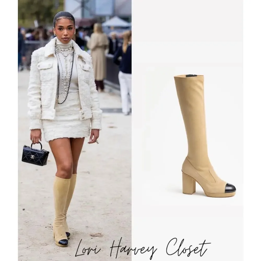 Chanel FW 2023 Beige Suede Cap Toe Knee High Block Heel Boots EU 40 CC Charm Zip